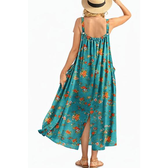 Women’s Boho Floral Maxi Overall Dress Cotton Rayon Casual Jumper w Pockets L - Picture 3 of 8